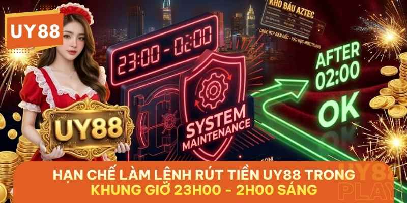 Hạn chế làm lệnh rút tiền UY88 trong khung giờ 23h00 - 2h00 sáng để tránh bị treo lệnh do ngân hàng bảo trì